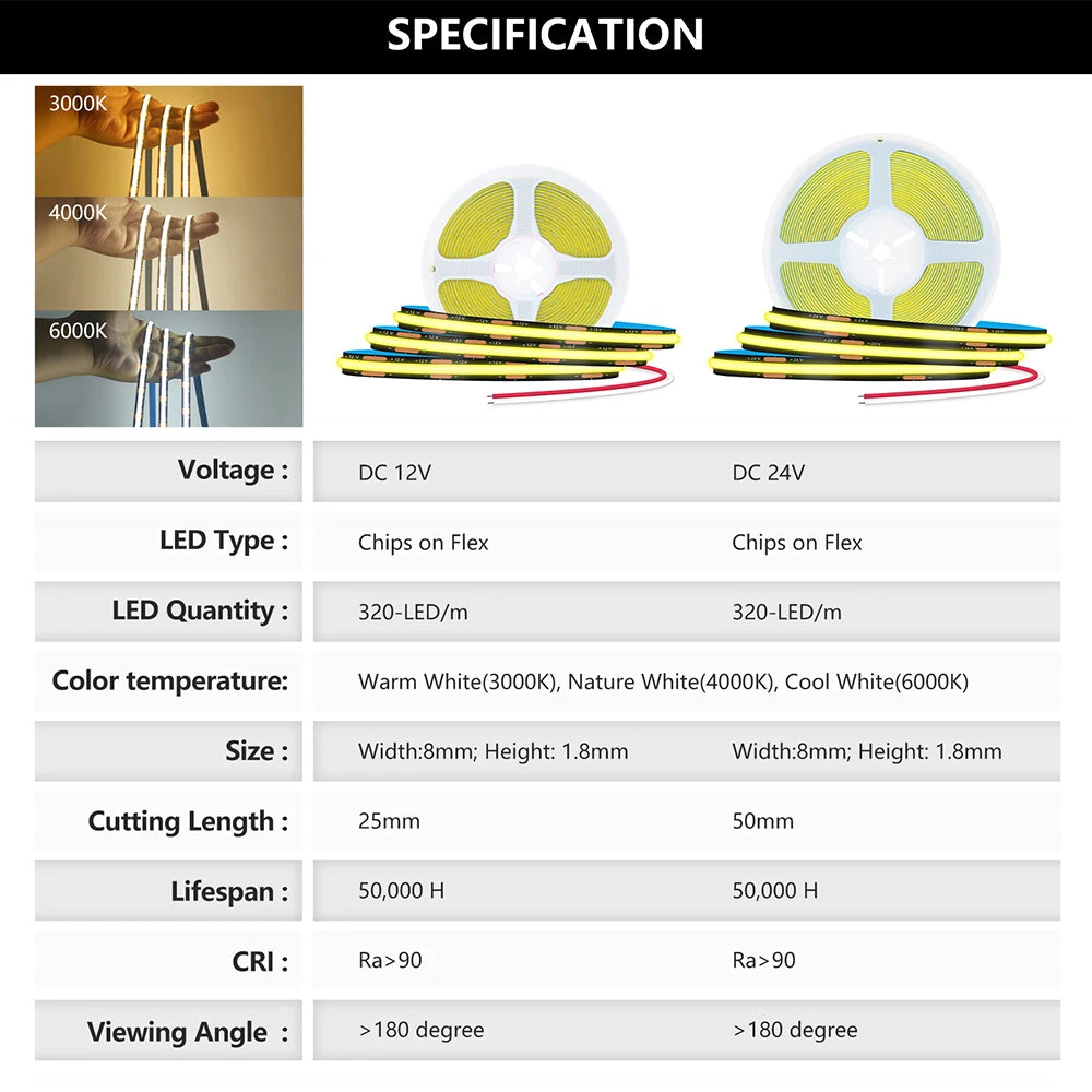 12V 24V Black PCB COB LED Strip Light