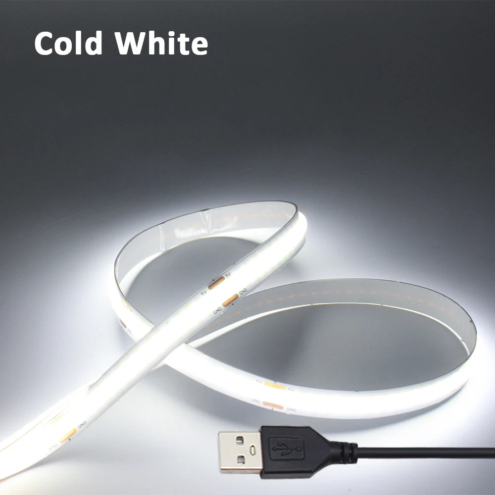 5V USB COB LED Strip Light 320 Leds/M Warm Natural