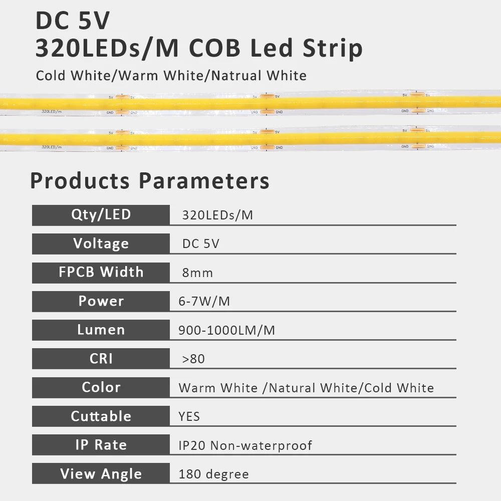 5V USB COB LED Strip Light 320 Leds/M Warm Natural