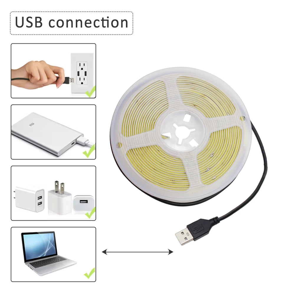 5V USB COB LED Strip Light 320 Leds/M Warm Natural
