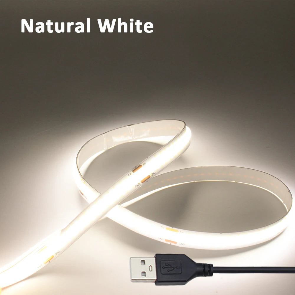 5V USB COB LED Strip Light 320 Leds/M Warm Natural